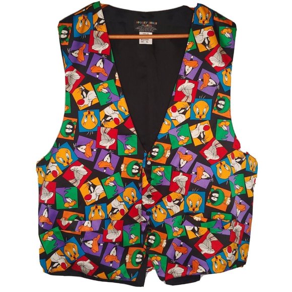 Vintage Looney Tunes Mens XL Silk Vest Mania Cartoon Print Daffy Bugs Retro - Picture 1 of 5